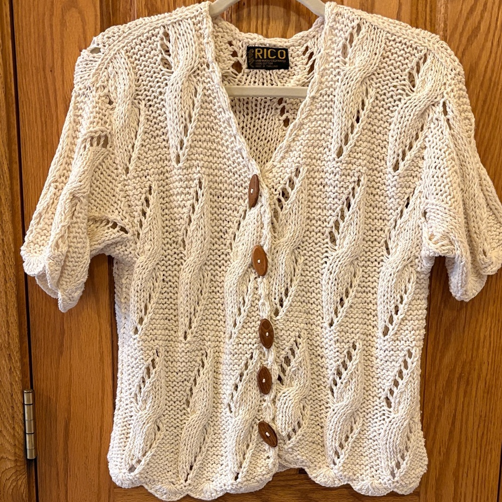 RICO Women's Cream Knit Button-Front Short Sleeve Cardigan